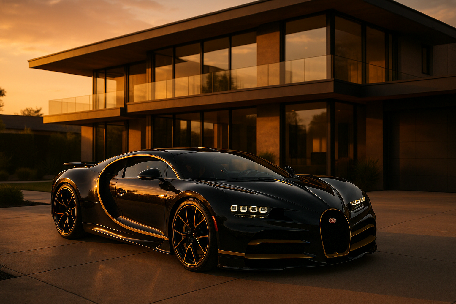 bugatti chiron super sport 300+ parked in front of a modern mansion at sunset, golden sunlight reflecting, cinematic, black and gold accents, premium, high resolution, inspirational  