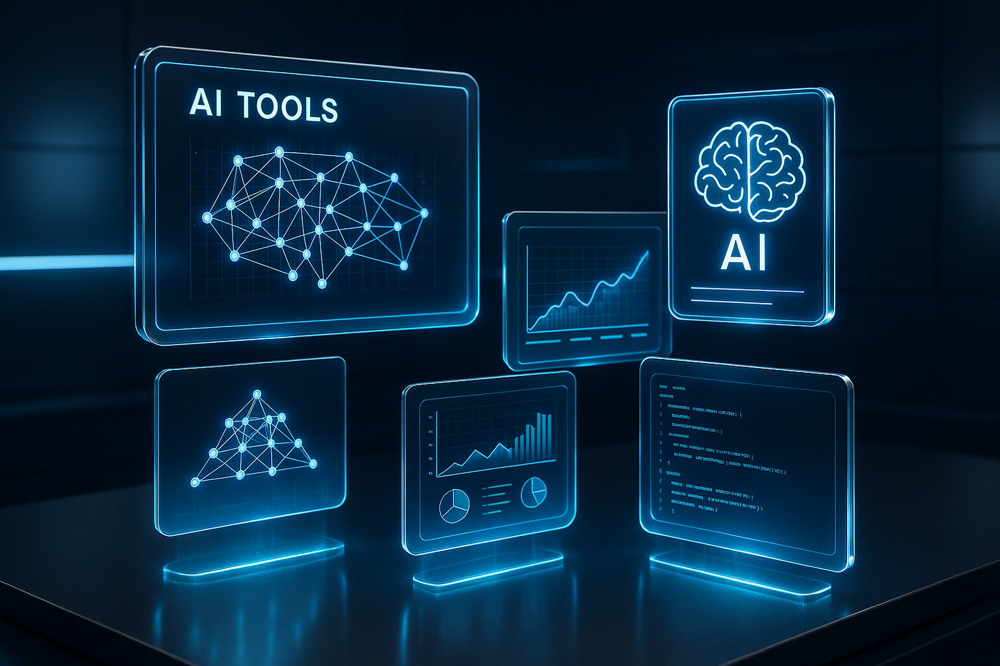 Digital toolkit concept with AI tools floating, holograms, modern, sleek, premium look, high resolution