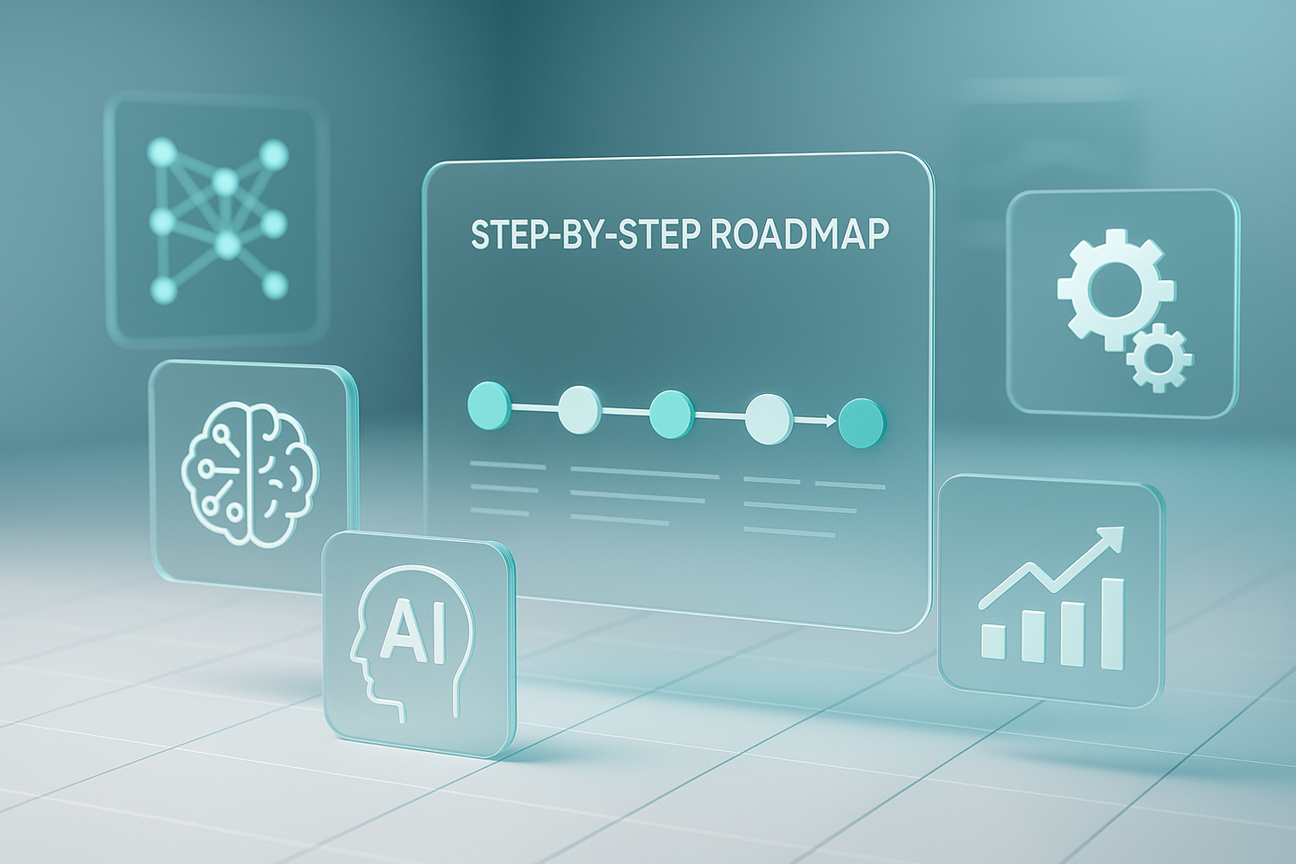 digital workspace with ai tools and icons floating, step by step roadmap visible, clean and modern, teal and white accents, professional, high resolution, futuristic style