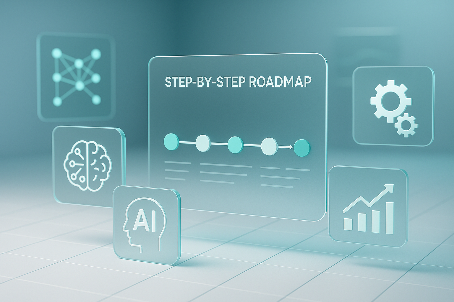 digital workspace with ai tools and icons floating, step by step roadmap visible, clean and modern, teal and white accents, professional, high resolution, futuristic style