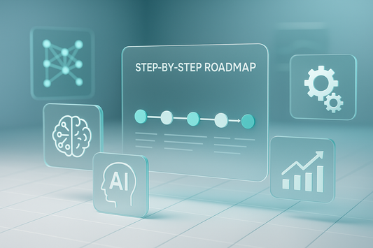digital workspace with ai tools and icons floating, step by step roadmap visible, clean and modern, teal and white accents, professional, high resolution, futuristic style