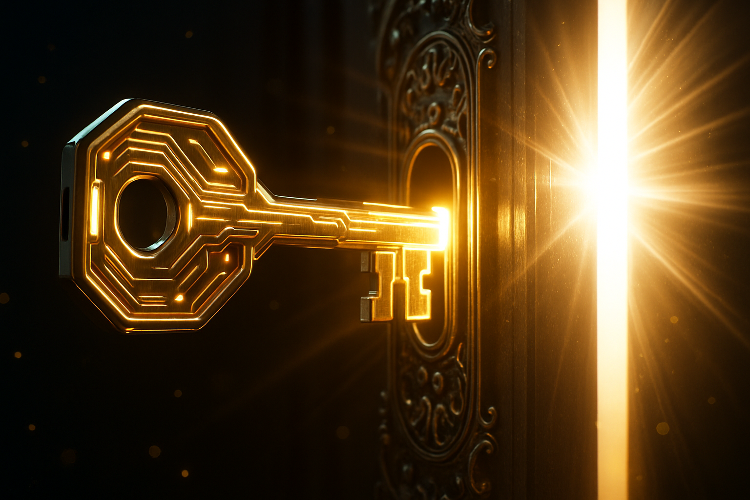 futuristic golden key unlocking door to light, symbolizing success and freedom, cinematic, high detail 