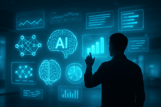 Holographic AI Icons and charts floating in the air, person interacting, inspirational, modern, high resolution
