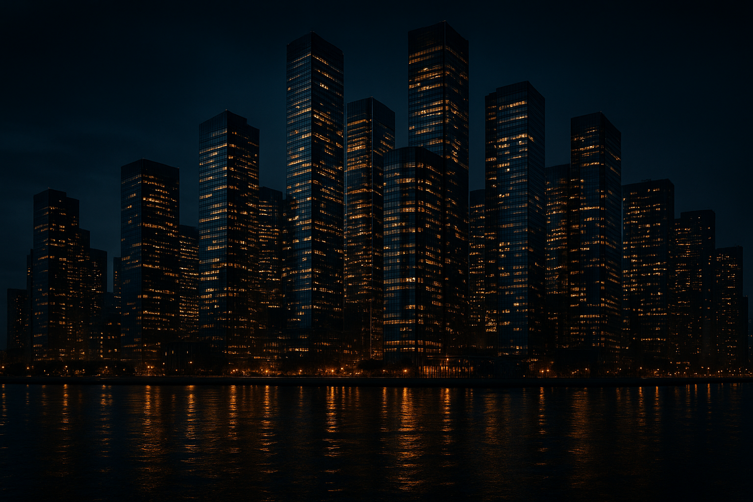 luxury modern city skyline at night, golden lights reflecting, cinematic, high resolution, premium, inspirational, motivational 
