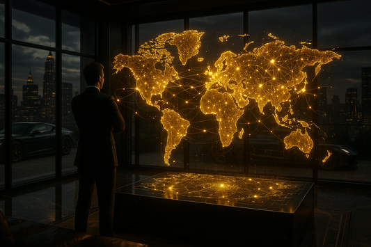 powerful entrepreneur standing in a penthouse with golden AI holographic empire map, luxury cars visible outside, black and gold tones, cinematic and hyper detailed