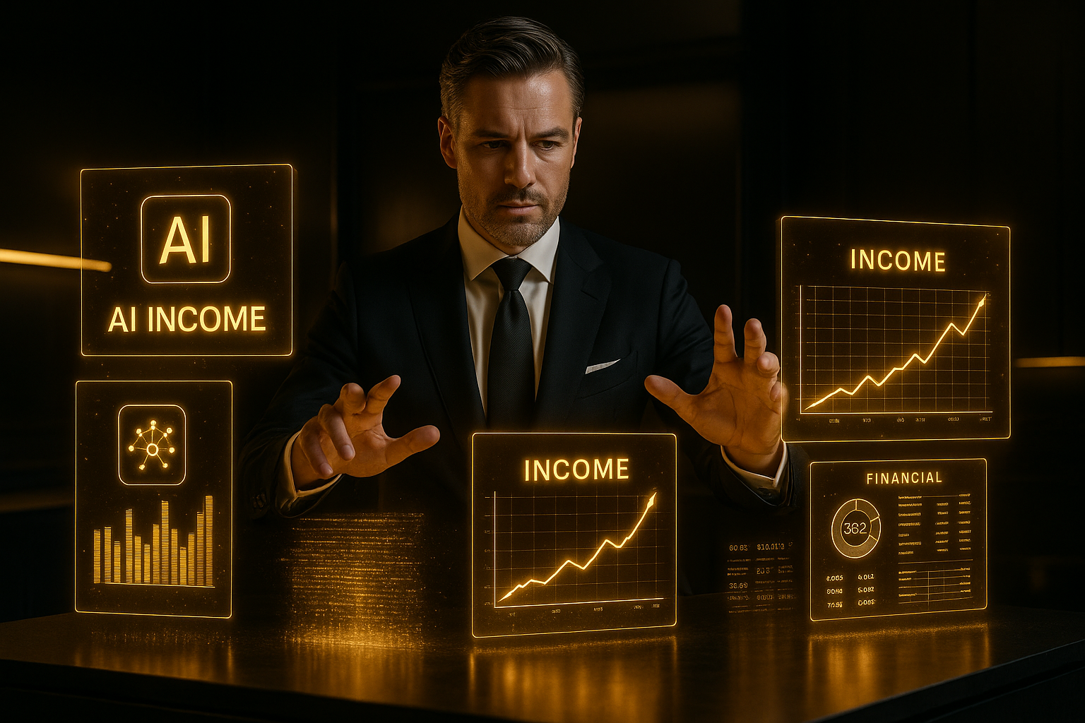 ultra premium cinematic scene of a business professional controlling glowing holographic ai income systems, gold and black color scheme, high detail, 8k resolution, futuristic luxury aesthetic