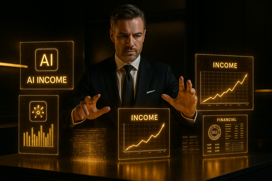 ultra premium cinematic scene of a business professional controlling glowing holographic ai income systems, gold and black color scheme, high detail, 8k resolution, futuristic luxury aesthetic
